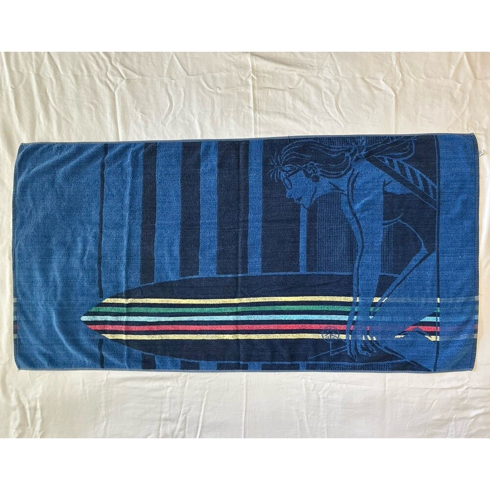 Surfer Girl Beach Towel 27x54 Surfboard Blue Stripes Reversible Navy Blue *READ*
